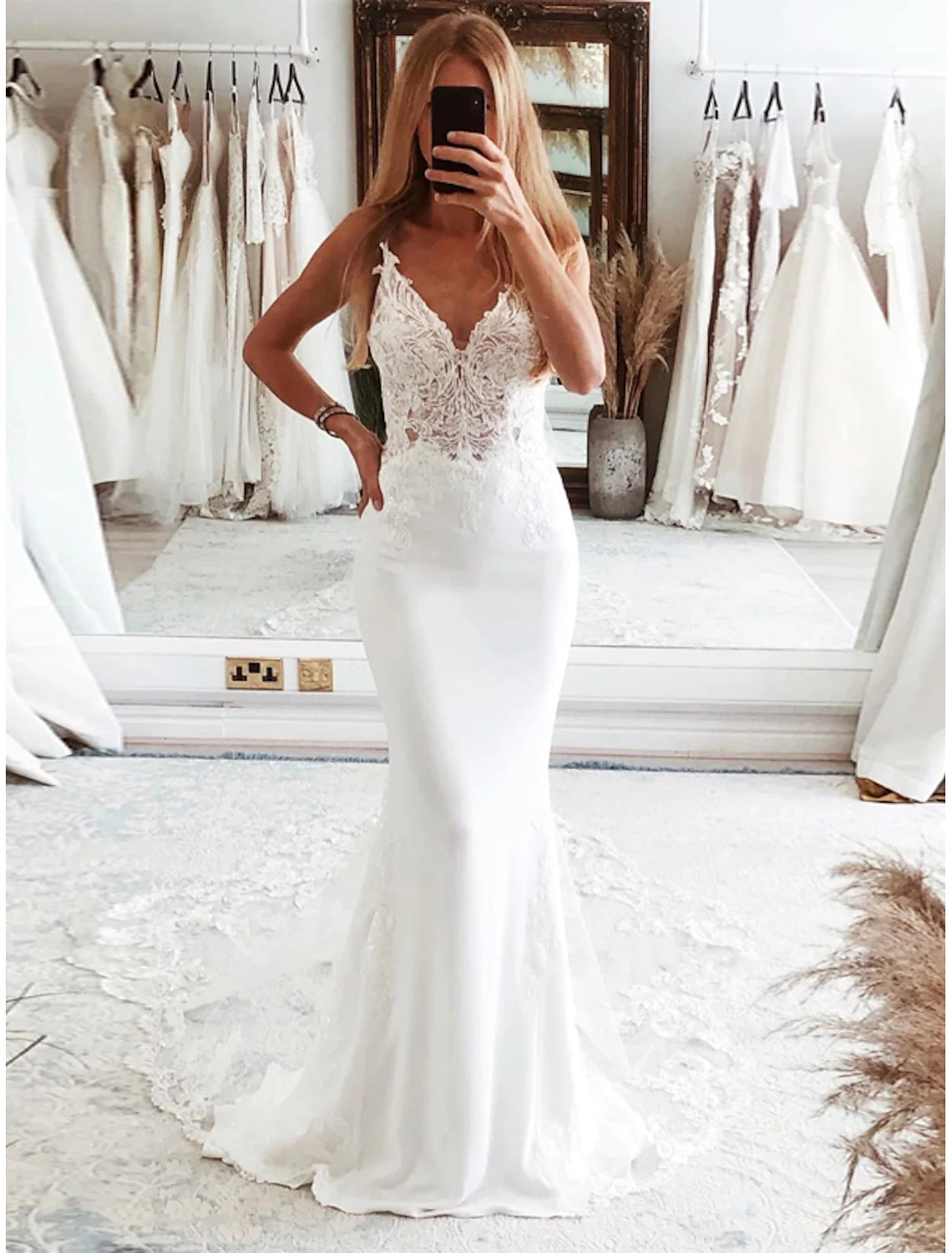 Buyishang Reception Formal Wedding Dresses Mermaid Camisole Sleeveless Court Train Tulle Bridal Suits Bridal Gowns With Appliques